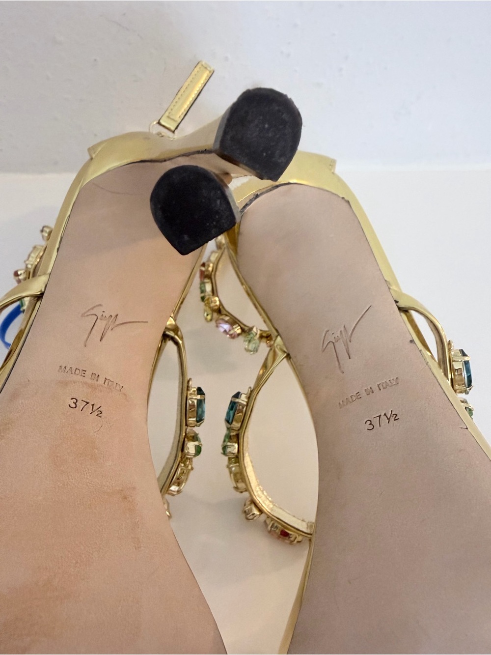 Giuseppe Zanotti Harmony Gold Jeweled Multicolor Crystal-Strap Heels size 37.5 - Picture 11 of 17